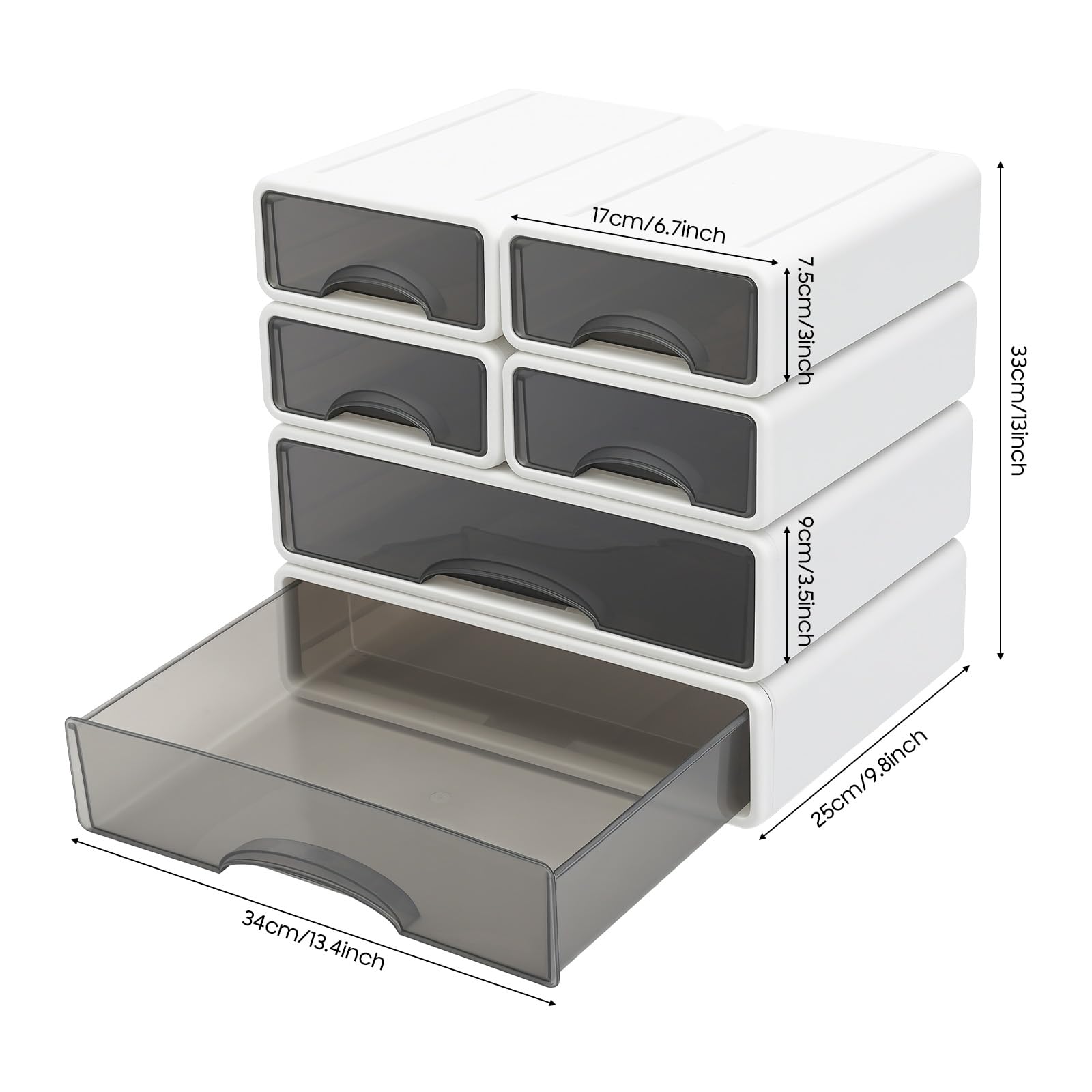 Organizer da scrivania, contenitore da ufficio con 6 cassetti, 2 grandi + 4 piccoli oggetti da scrivania, impilabile, 34 x 25 x 33 cm, bianco