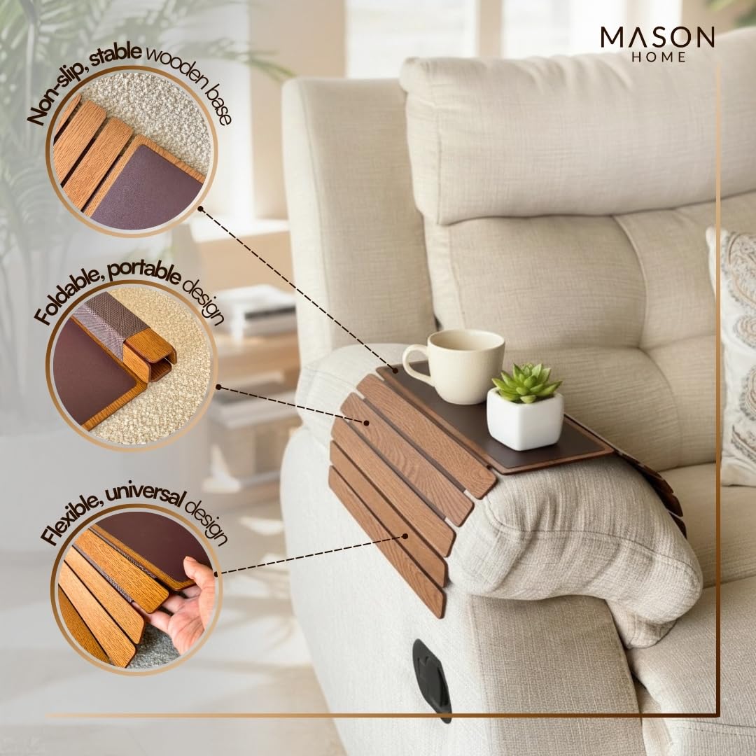 MASON HOME Elm Sofa Armrest Tray - Brown Full Grain Bamboo Wood with Anti Slip Pad | Dining Tray | Home & Office Décor | Furniture | Serving Platter for Drinks - Appetizer - Snack Bowls 1
