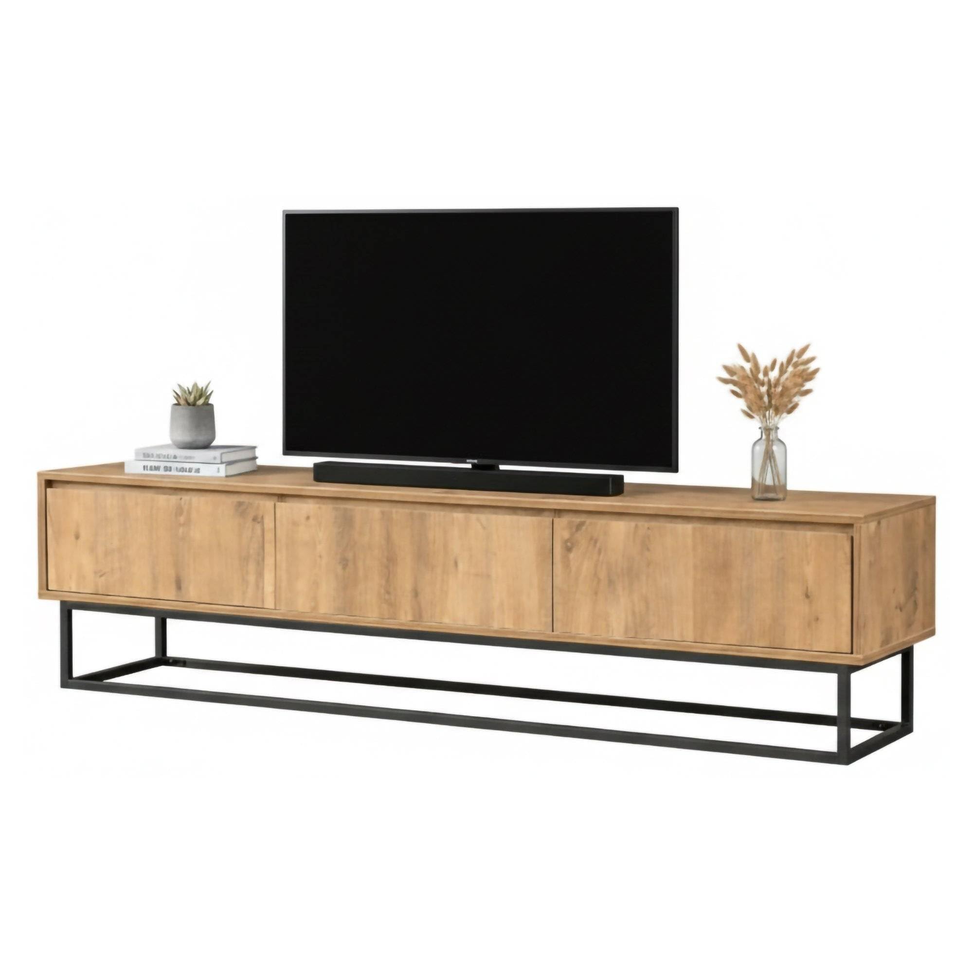 Dmora - Mobile porta TV Suhail, Credenza da soggiorno, Armadio basso per TV, Base parete attrezzata, 180x40h50 cm, Quercia e Nero