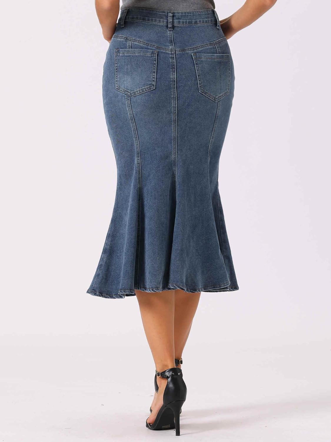 Allegra K Fishtail Denim Skirt for Women Casual Washed High Waisted Midi Jean Skirts - Image 2
