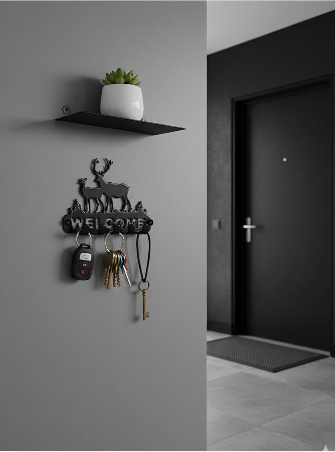 SODEF Decorative Metal Key Holder Modern Cute Deer Design Wall Mount Organizer for Entryway and Home - Black