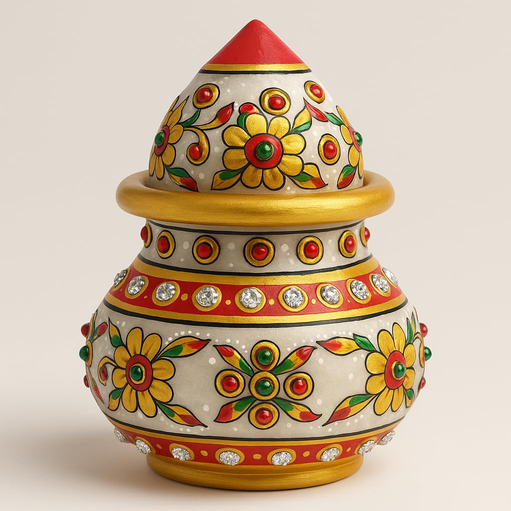 URBAN BANIYA Decorative Round Marble Kalash for Pooja | Handicraft Home Decor | Designer Puja Lota with Nariyal for Holy Water in Temple & Home (Multicolor-Red, 5 x 1.5 inch)