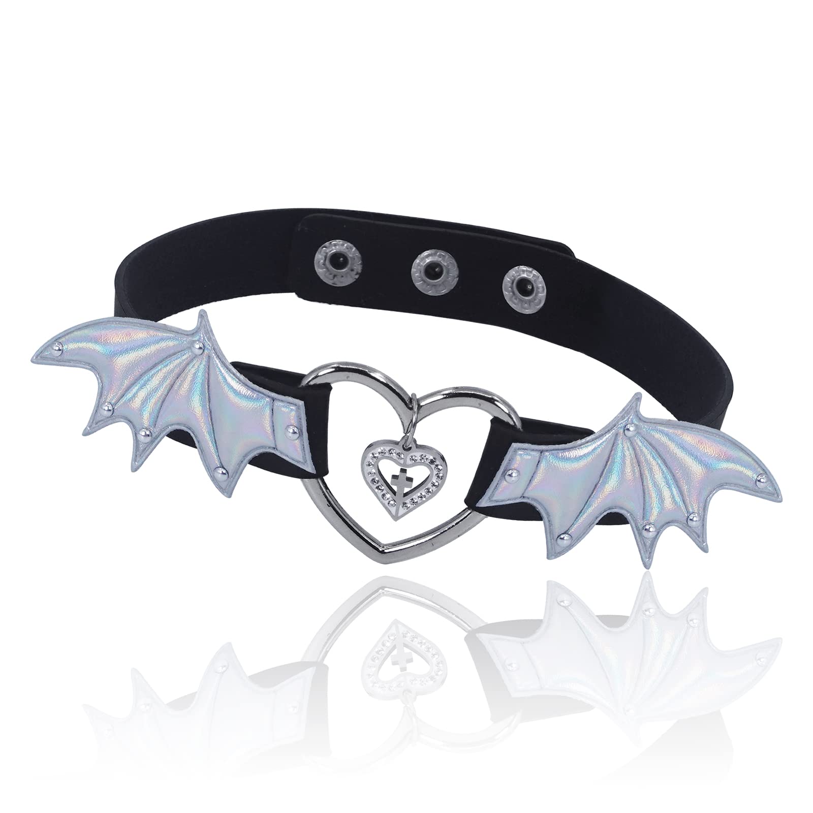 Handmade Heart Leather Choker Necklace For Women, Halloween Punk Gothic Love Heart Devil Bat Wing Collar Jewelry - BKSV