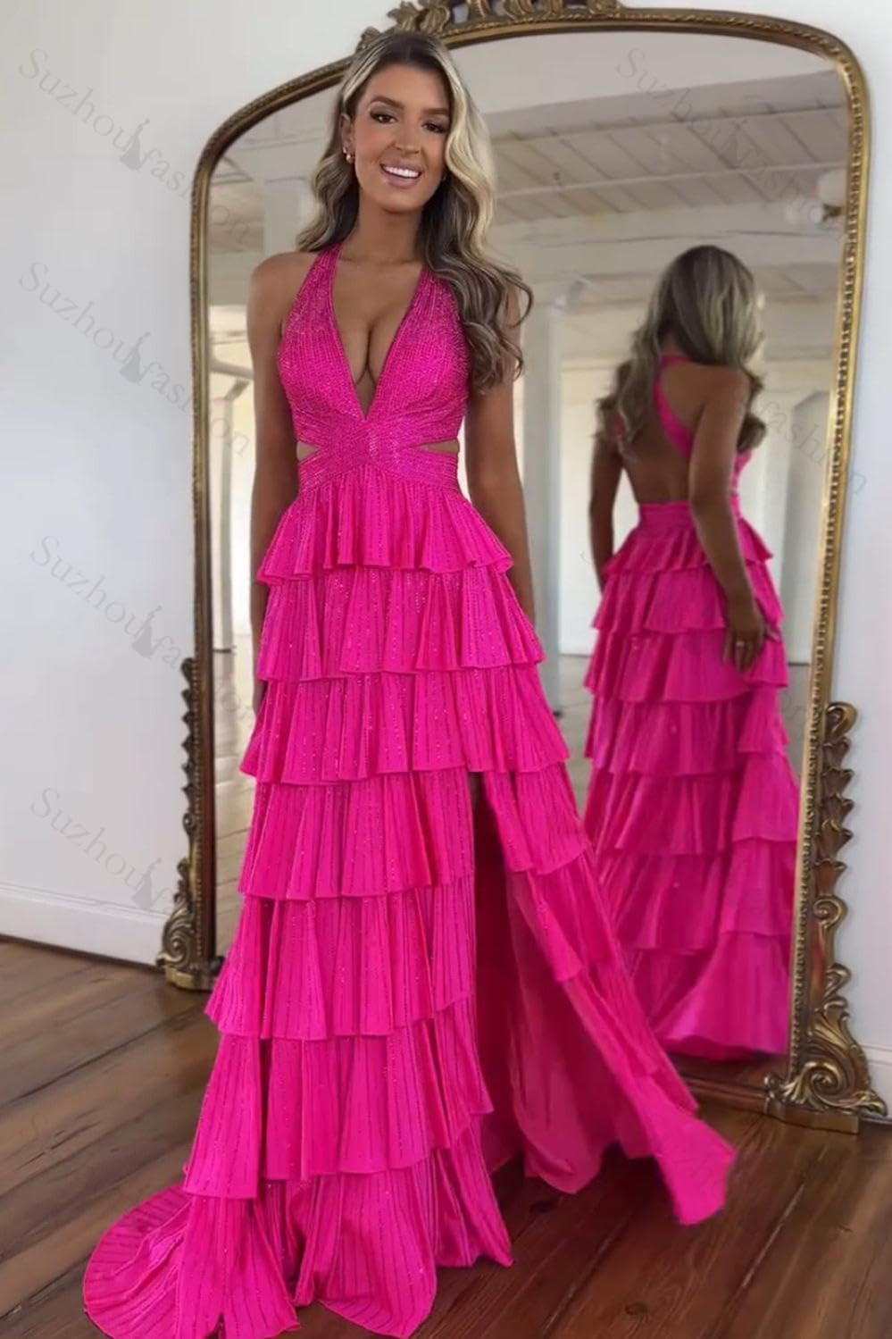 Halter Tiered Ruffle Prom Dresses for Women 2026 Strapless Glitter Sequins Satin Long Evening Party Gowns with Slit - Image 3