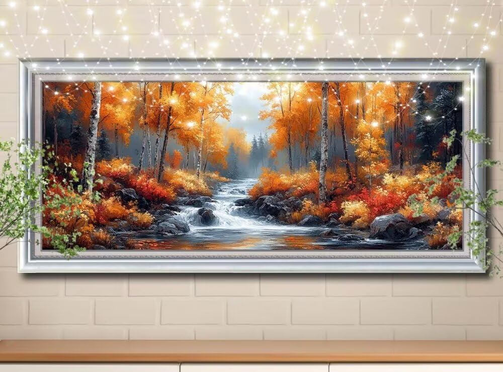 Obraz diamentowy 5D dla dzieci, mały las brzozowy, strumień, obraz diamentowy (80 x 200 cm), tworzenie mozaiki według liczb, zestaw do malowania krzyżykowego, obraz dla dorosłych, do dekoracji domu 8E