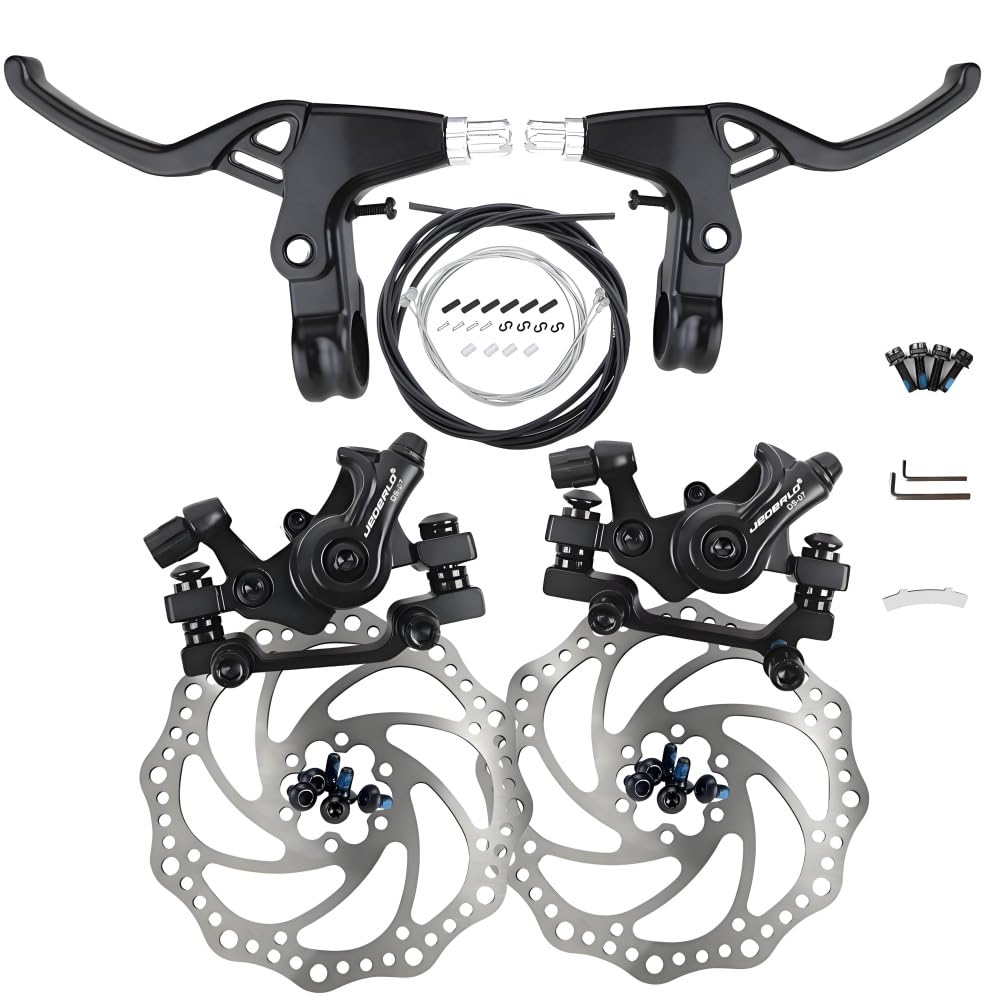 JEDERLO Bicycle Disc Brake Kit, Brake Levers, Brake Cables, Mechanical Disc Brake Calipers, Universal Front/Rear Disc Brakes, Aluminum Outdoor Bicycle Mechanical Disc Brake Wear Parts (Black Full Set)