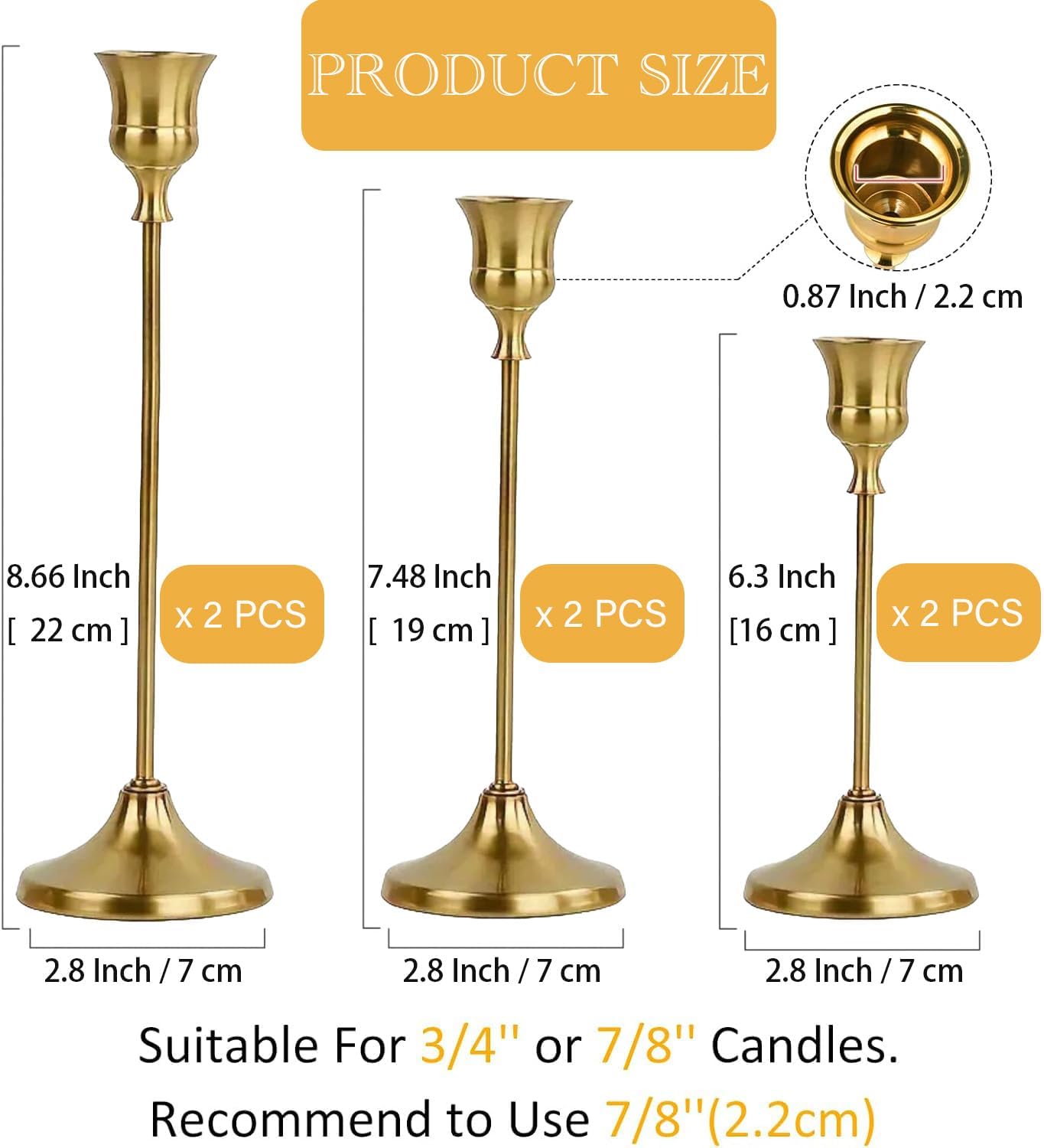 6 Gold Taper Candle Holders, Vintage Metal Candlestick Set Decor