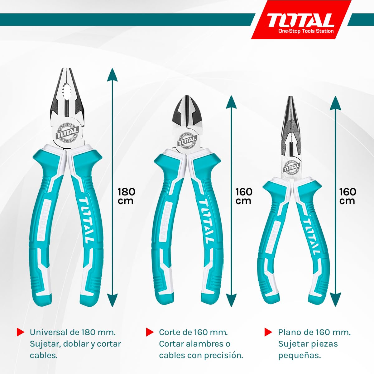 TOTAL - Juego de 3 Alicates - Universal 180 mm - Corte Diagonal 160 mm - Boca Plana 160 mm - Mango Ergonómico de Fibra - Acero - Ideal para Bricolaje y Electricistas - Peso 650 Gr