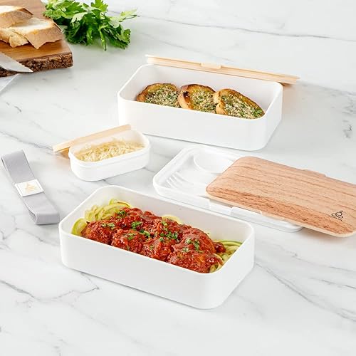 Miniatura 3 de Restaurantware Bento Tek - Lonchera apilable de 40.5 onzas, 1 contenedor reutilizable para adultos, con utensilios incluidos, taza de salsa, grano