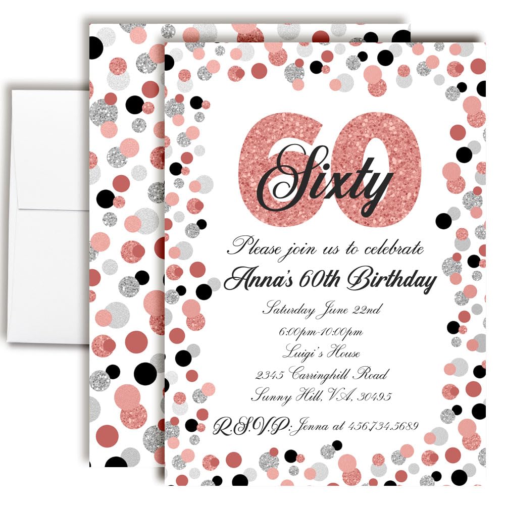 Custom Birthday Invitations 60th Birthday Invitation 20 5x7 Custom 60th Party Invitation Cards With Envelopes - Unique Party Invitation Rose Gold