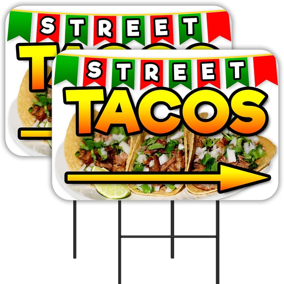 Street Tacos 2 Pack Double-Sided Yard Signs 16" x 24" with Metal Stakes (Made in the USA)