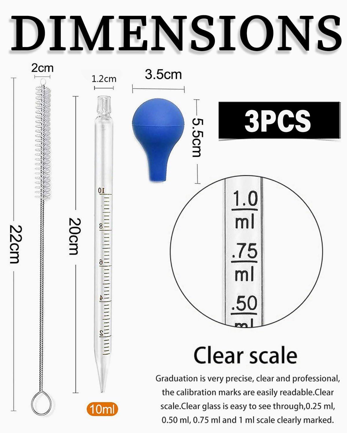 2 x pipety z zakraplaczem do płynów, pipety szklane 10 ml, pipety pomiarowe z pędzlem, pipety pomiarowe, pipety z zakraplaczem do laboratorium, badań, medycyny, szkoły