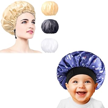 3 Pcs Waterproof & Adjustable Shower Caps for Women, 1 Pcs Comfortable & Adjustable Sleeping Silk Satin Bonnet for Kids