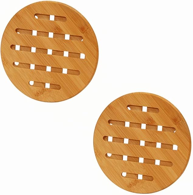 2 Pcs Round Bamboo Wooden Pot Stand Non-Slip Trivet Mats Multi-Purpose Pan Pot Protectors for Kitchen Table Mats Hot Pots Pans Spoon Bowl Dish Rest and Kettles