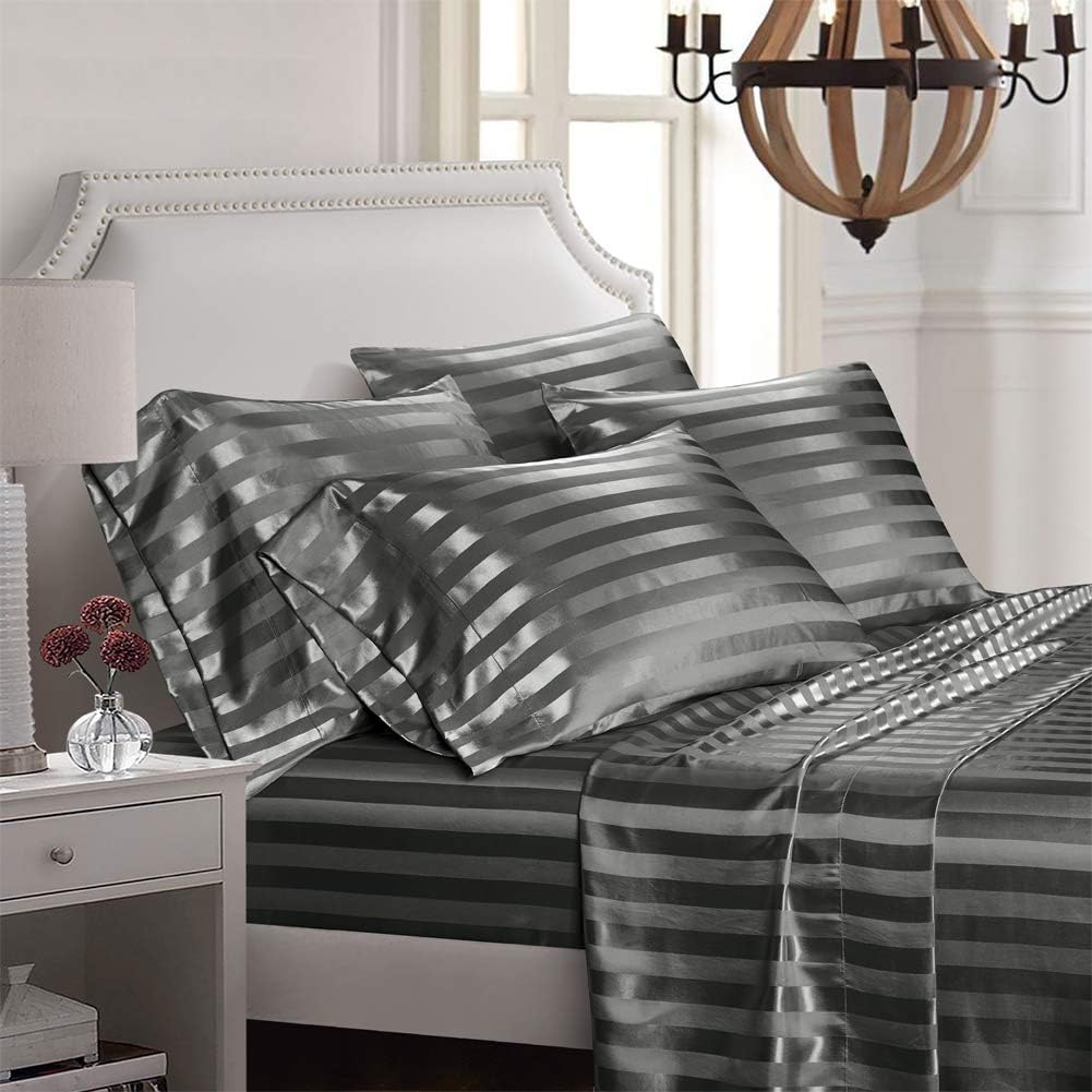 AiMay 4 Piece Queen Size Satin Bed Sheet Set Stripes Italian Style Deep Pocket Solid Color 1800 Series Luxury Silky Super Soft 1 Flat Sheet 1 Fitted Sheet 2 Envelope Pillowcases(Gray, Queen 4pc)