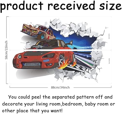Miniatura 2 de SUPERDANT Calcomanía de pared de coche de carreras 3D, calcomanías de pared de vinilo de carreras coloridas extraíbles para habitación de niños,