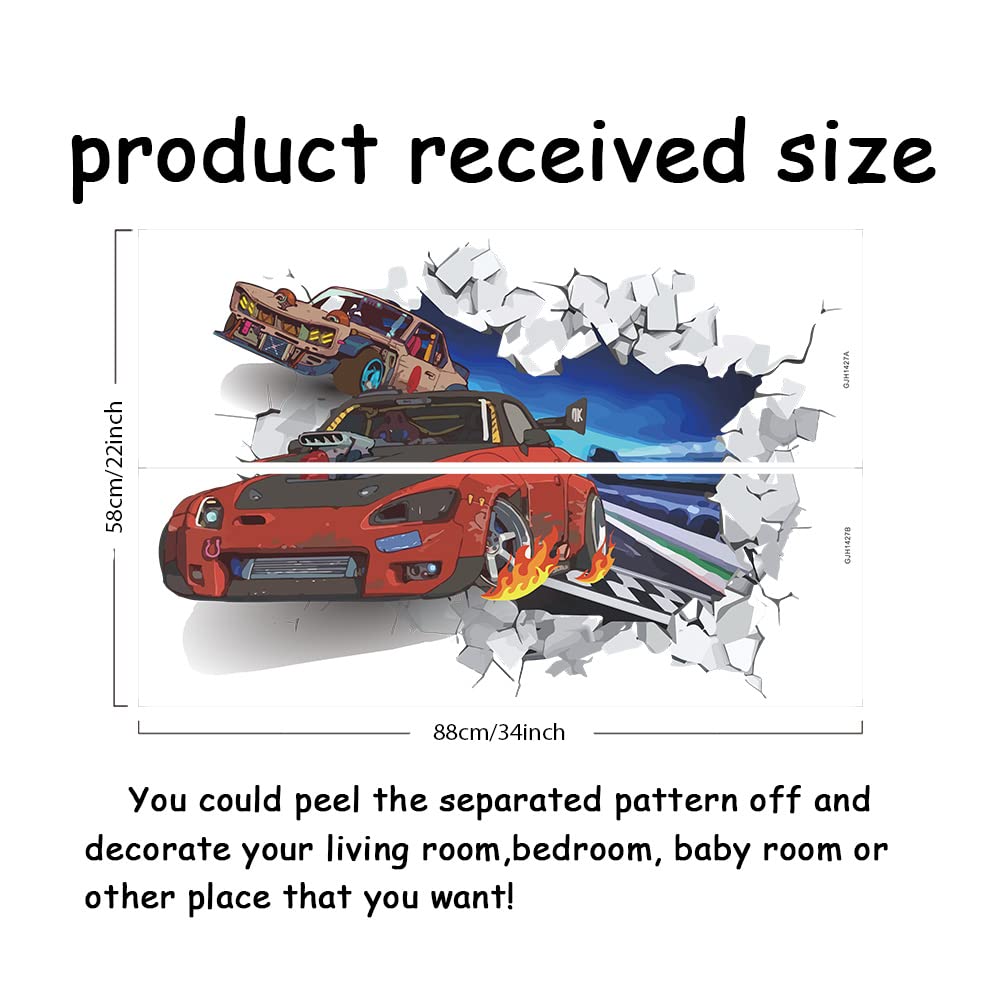 SUPERDANT 3D Cool Racing Car Wall Decal 3D Colorful Track Racing Vinyl Wall Stickers Removable Peel and Stick Art for Children's Room Kids Room Decor Nursery Kindergarten Decoration