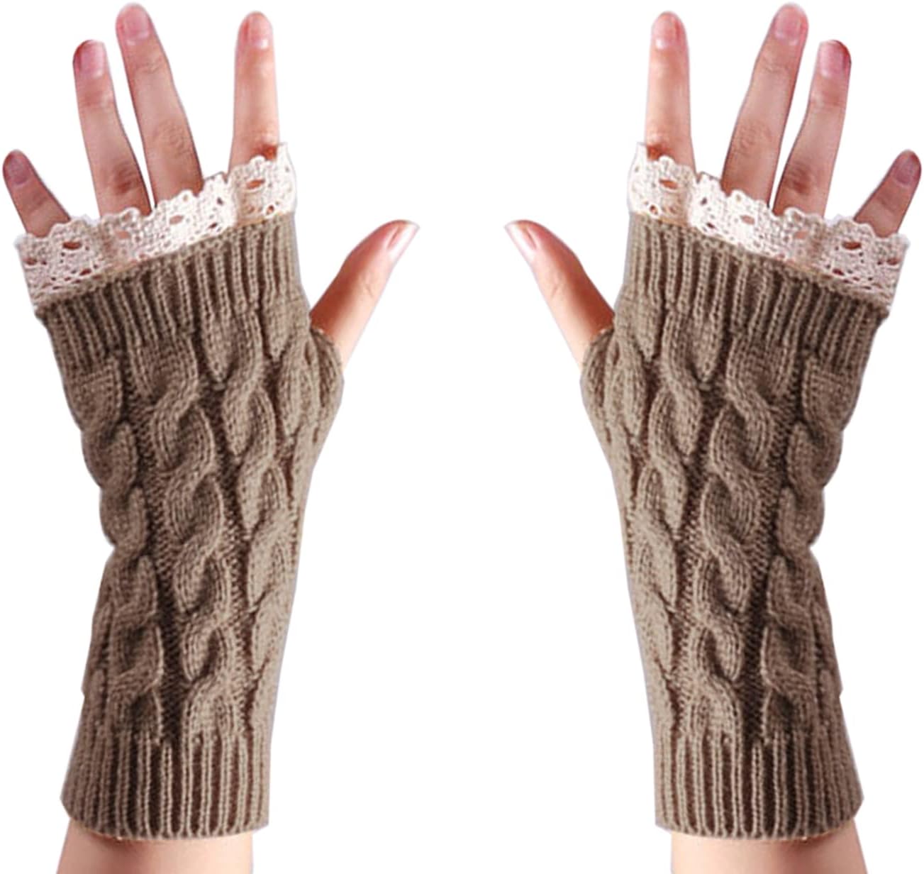 Women Knit Arm Warmer Winter Fingerless Thumb Hole Mitten Soft Gloves with Lace