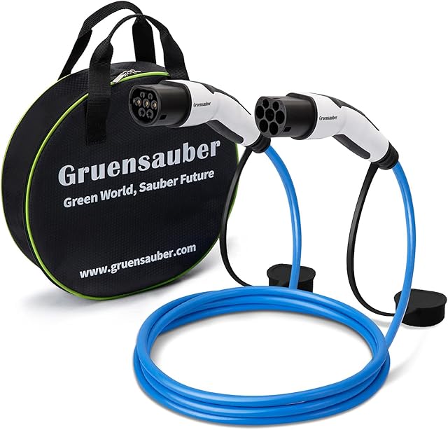 Gruensauber Type 2 to Type 2 EV charging cable, 32 Amp, Single Phase, 7.2kw, 5M Mode 3 EV Charger Cable, with Free Carry Case