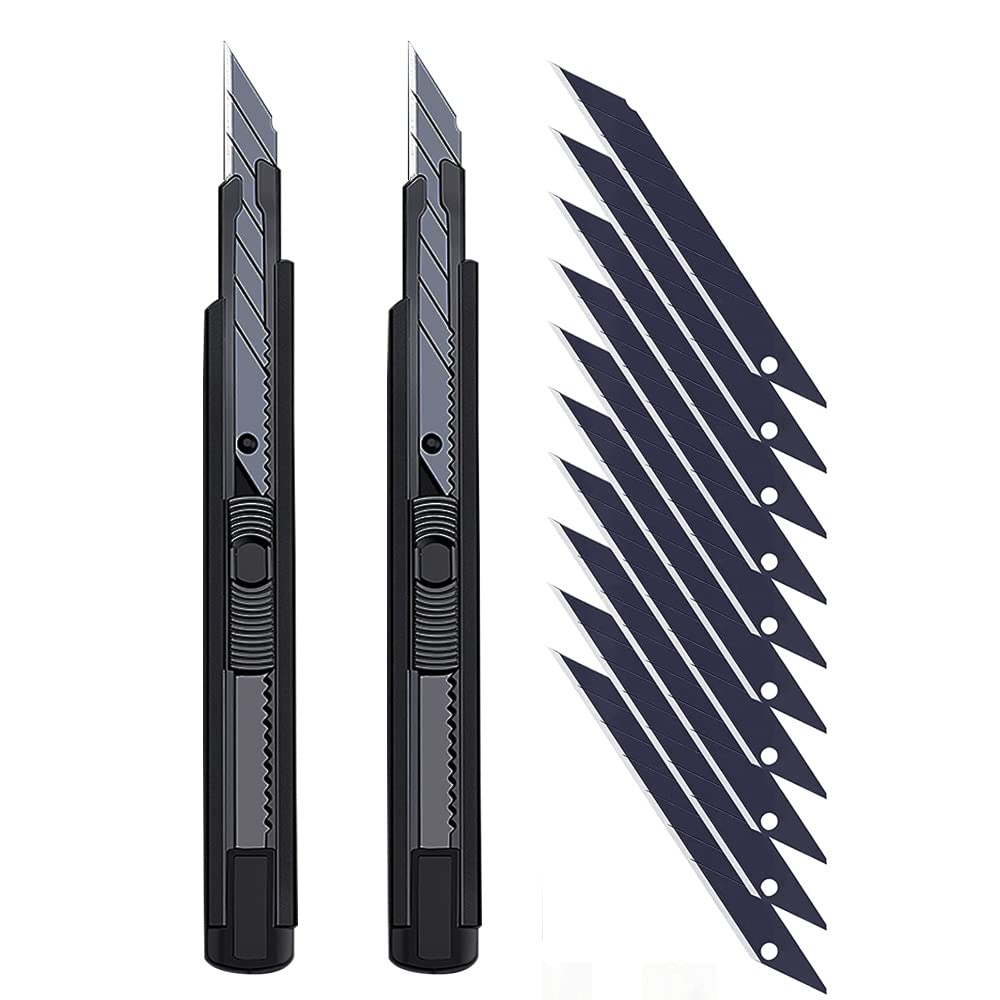 Gebildet 2pcs Retractable Utility Knives with 30 Degree Pressure Blade, Cardboard Box Cutter Knife with Lock with 10pcs Additional Sharp Blades for Office, Home, Crafts