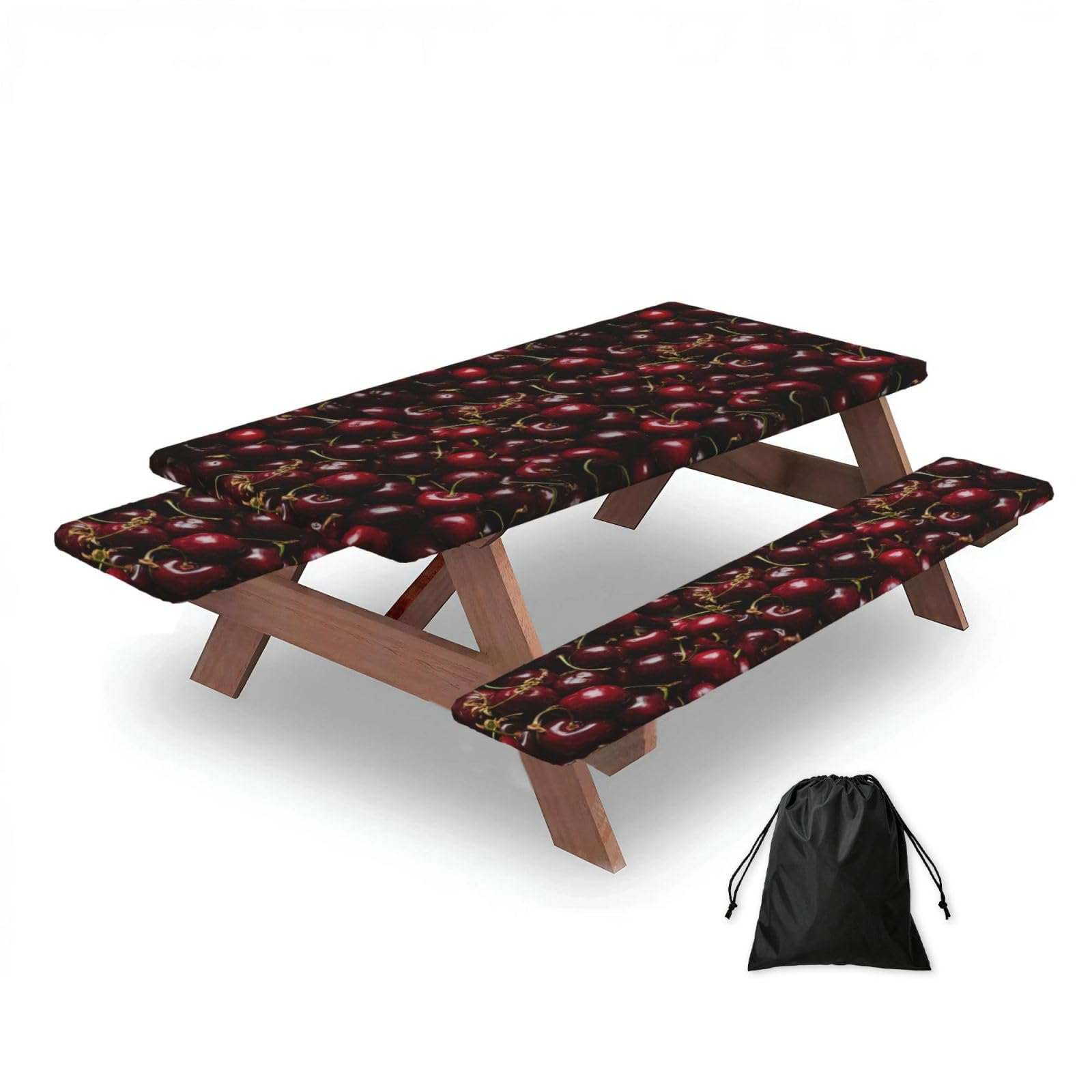 Dopklna As Picture Red Cherry, Picnic Table Cover With Bench Covers -Waterproof Elastic Fitted Tablecloth For Garden Camping Patio 76X152cm