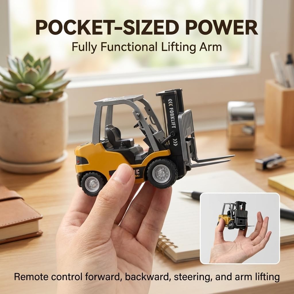 RC Forklift Toy, Remote Control Construction Vehicle with Metal Forks & Crane Hook, Lights and Sounds, 1/64 Scale 6-Channel Heavy Duty Engineering Truck Birthday Gifts for Boys Kids Age 6-12