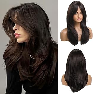 باروكة صناعية طويلة بدون جسم بطول الكتف مع غرة، كثافة 150%، ألياف صناعية مقاومة للحرارة، شعر بدون شعر، 22 بوصة - jw 56 - N4 - بني غامق