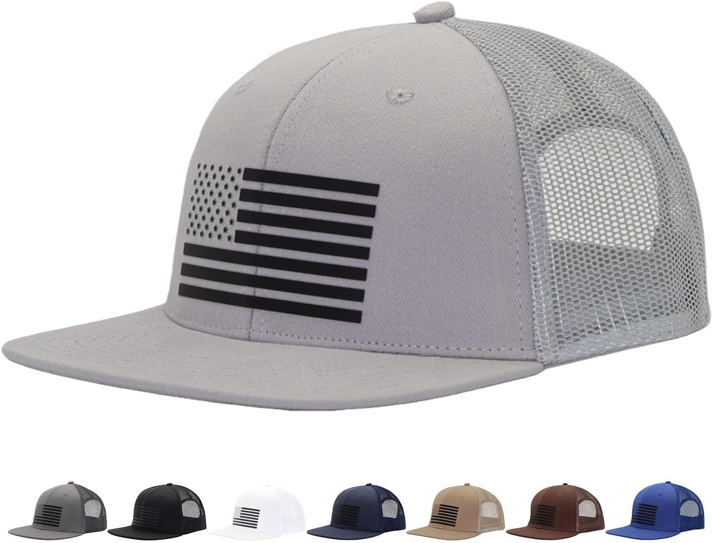 Flat Bill Snapback Trucker Hat for Men with American Flag, Adjustable Breathable Mesh Baseball Cap, Fits OSFM&XXL Head