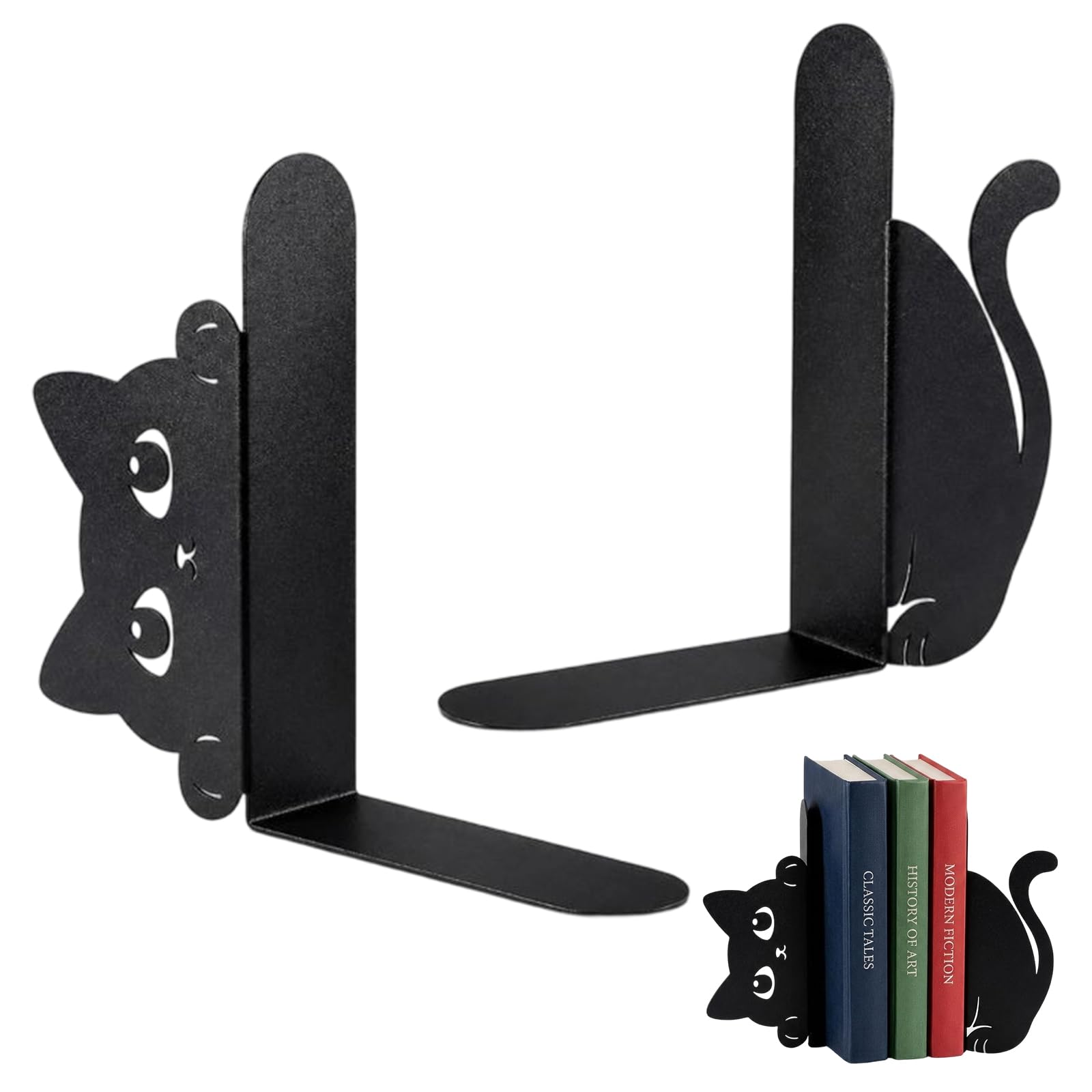 Book Ends, Desk Accessories and Book Shelf Organisers, Decorative Home Accessories for Office Desk, Cat Themed Bookends with Secure Hold Design, Black Finish for Stylish Display