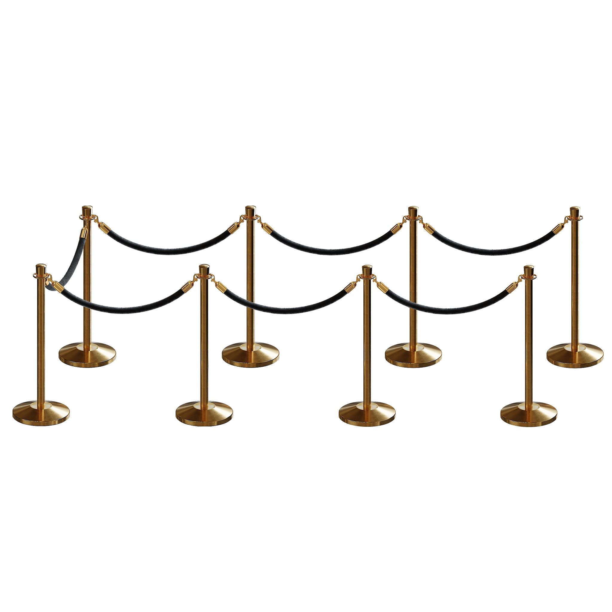 CCW Post and Rope Stanchion Kit with 8 Satin Brass Crown Top Posts and 7 Black Heavy Duty Velvet Cotton Core Ropes (6ft.Each) in Satin Brass Snap Ends