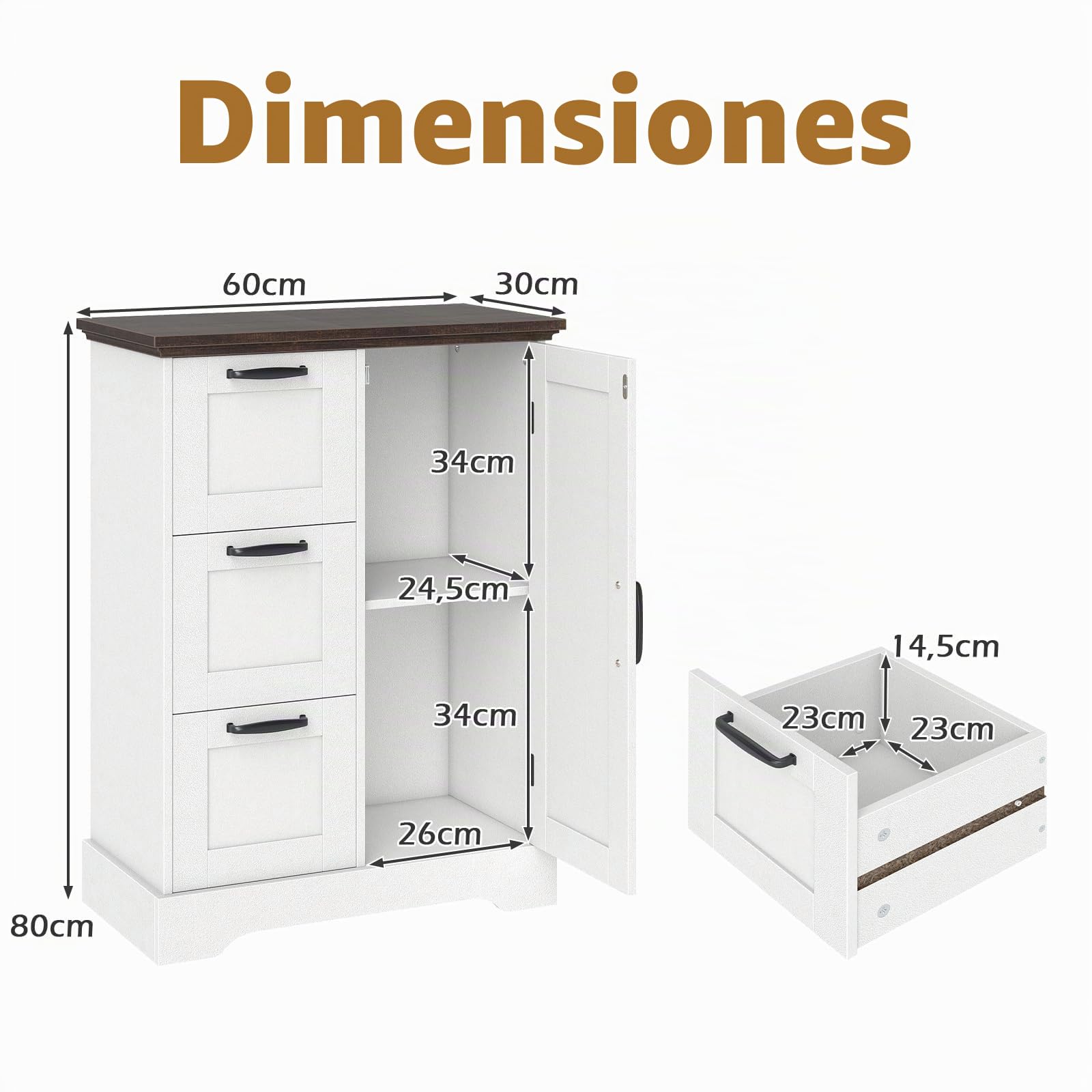 KOMFOTTEU Aparador de Cocina con 3 Cajones y Armario con Puertas, Armario Auxiliar con Kit Antivuelco y Cierre Magnético, Mueble Bajo de Almacenamiento para Salón, Comedor, 60 x 30 x 80 cm (Blanco)