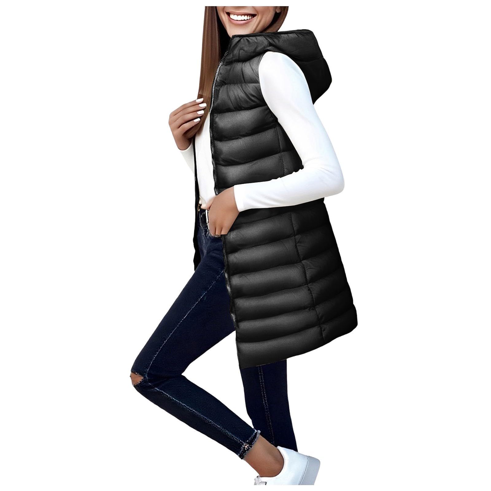 acolchado largo y ligero con capucha desmontable para invierno, abrigo acolchado cálido.