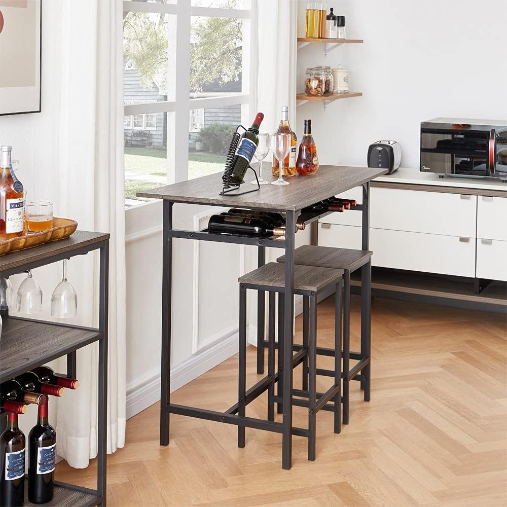 IBF 3 Pieces Rustic Kitchen Breakfast Bar Table Set,2 Person Table and Chair Set Pub Table and Chairs Set,Counter Height Dining Table Set with 2 Bar Stools,Gray Oak,42 inch : Home & Kitchen