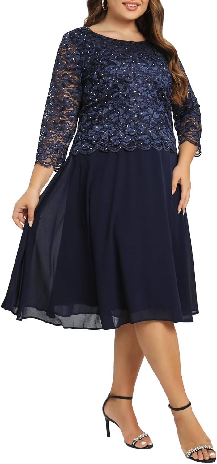 Women's Plus Size Tea Length Sequin Lace Dress Mother Gifts Special Occasion Wedding Party Dresses - Image 5