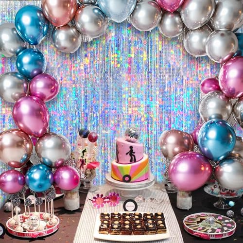 Image of 4 Packs Silver Foil Fringe Curtain, Silver Glitter Metallic Tinsel Backdrop for Birthday, Wedding, Baby Shower, Bachelorette, 70s 80s 90s Theme Disco Party, Iridescent Party Decorations Supplies