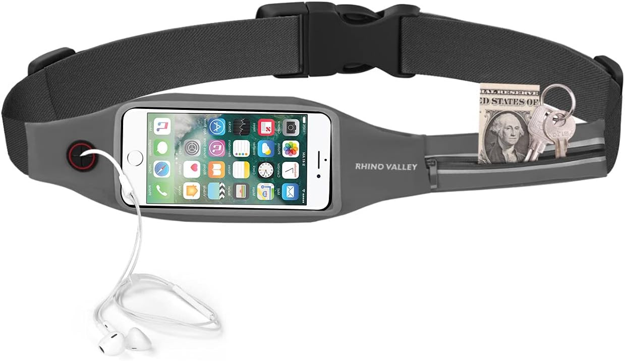 Rhino Valley Running Belt Waist Pack, Sports Fanny Pack Fitness Workout Belt, Dual Pockets with Clear Touch Screen Compatible with iPhone 14/13 mini/iPhone 13/iPhone 13 Pro, iPhone 12/12 Pro,iPhone 11