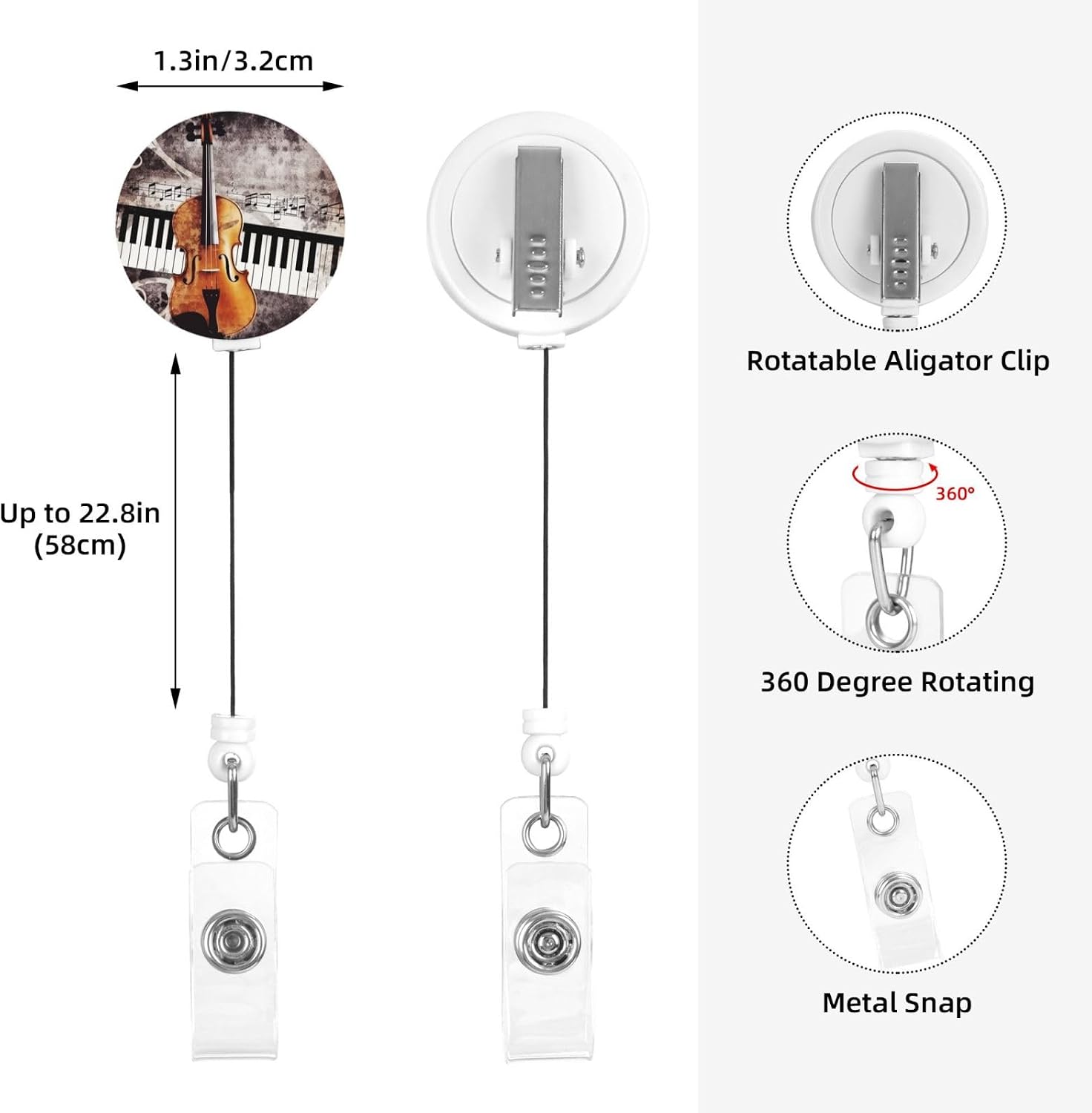 Piano Violin Music Notes Retractable Badge Reels Holder with Clip and Keychain Funny Cute Badge Clips Heavy Duty Id Card Badge Holder for Office Worker Doctor Nurse image 4