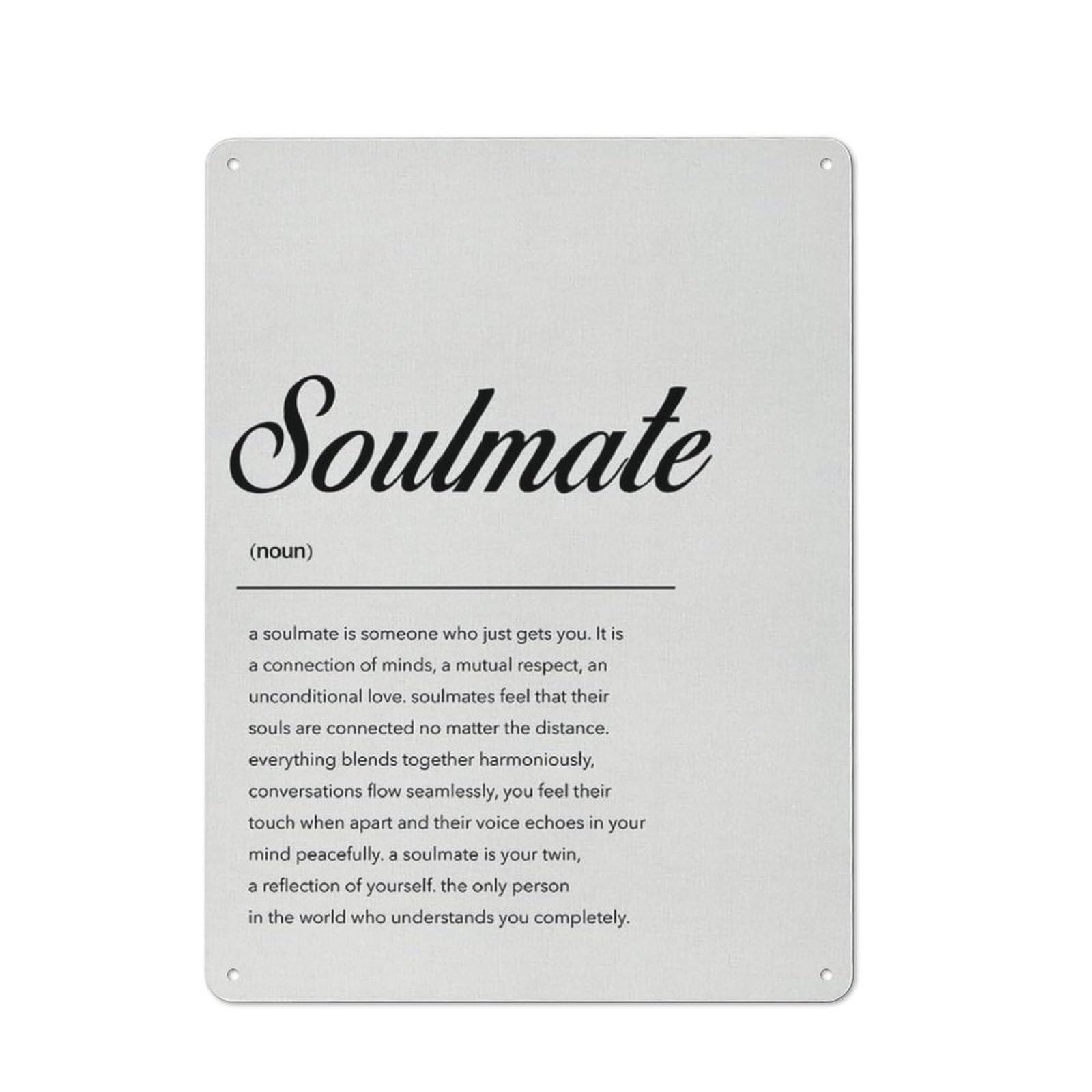 Rustic Metal Tin Sign, Soulmate Definition Printed Wall Art, Warm Love Themed Painting, Sweet Wedding Couple Gift and Home Decor, 12x8 Inch