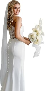 HONGMEI Pearl Bride Wedding Veil Bridal Tulle Veils Hair Accessories 1 Tier Fingertip Length Bridal Veils with Comb (Ivory)