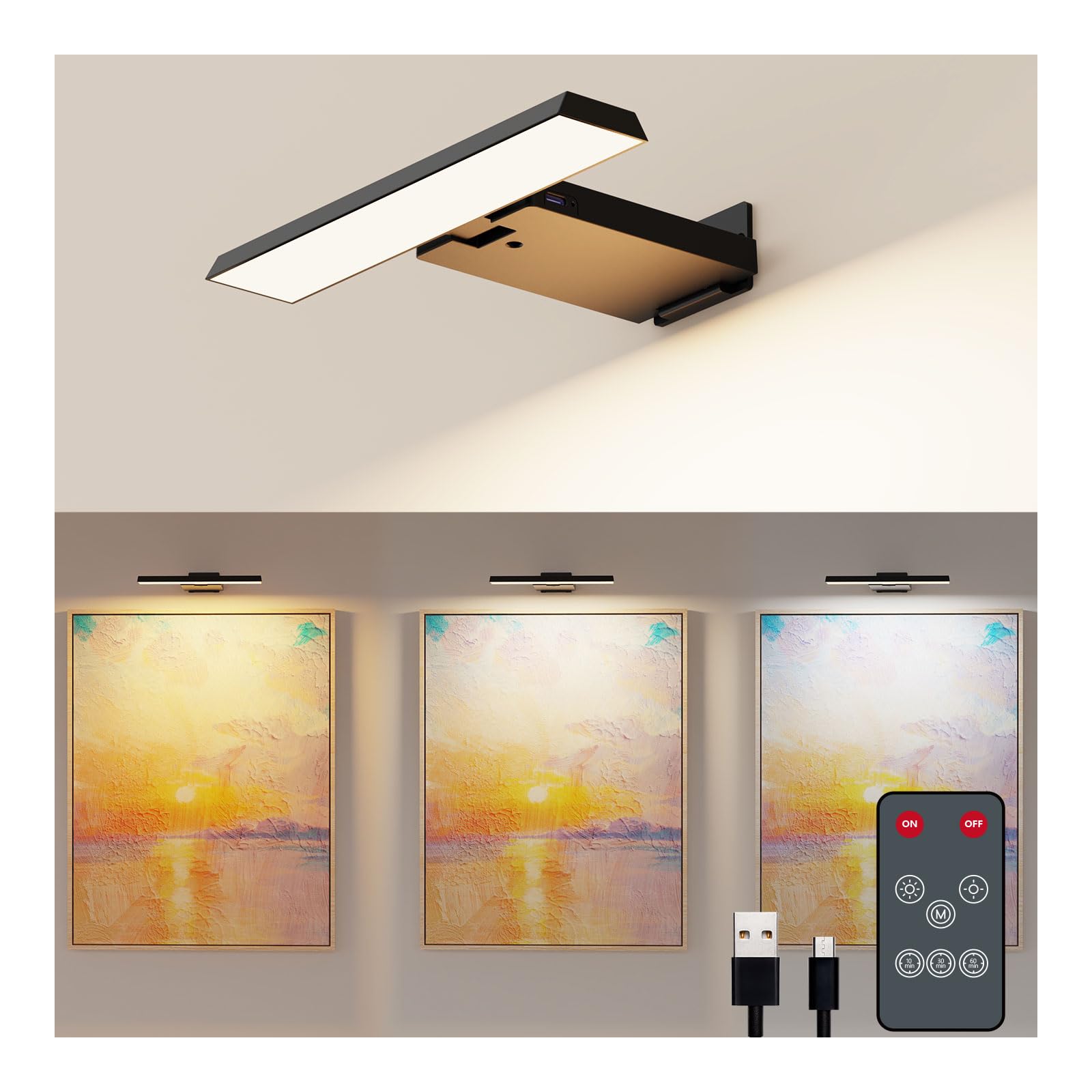 Coollamp Picture Lights for Wall, Cordless Dart Board Lights, Battery Operated Wall Light Rechargeable, LED Wall Sconces for Pictures, Frames&Mirros, 3 Color Temperatures, Remote Control, Black — image 1