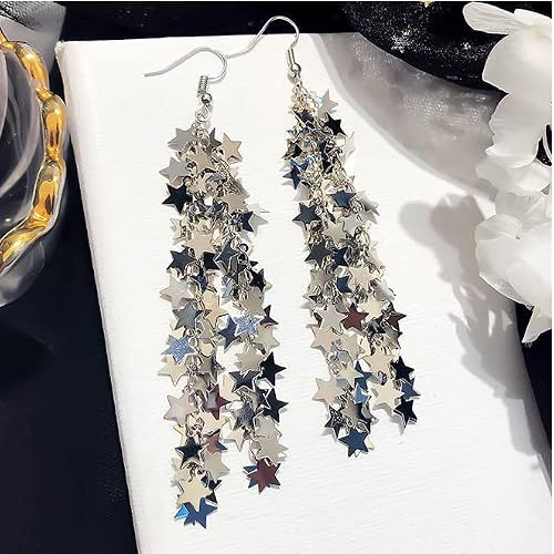 Csiyanjry99 Long Chain Star Tassel Drop Dangle Earrings For Women,14K Gold Plated Boho Dainty Lucky Star Jewelry Accessories (Stars Silver) #TOP4