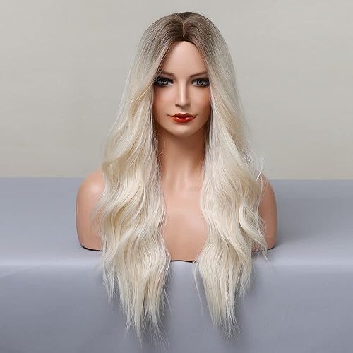 Miniatura 46 de Peluca rubia ombré con flequillo, pelucas largas de color marrón degradado y rubio para mujer, pelucas sintéticas onduladas rubias cenizas