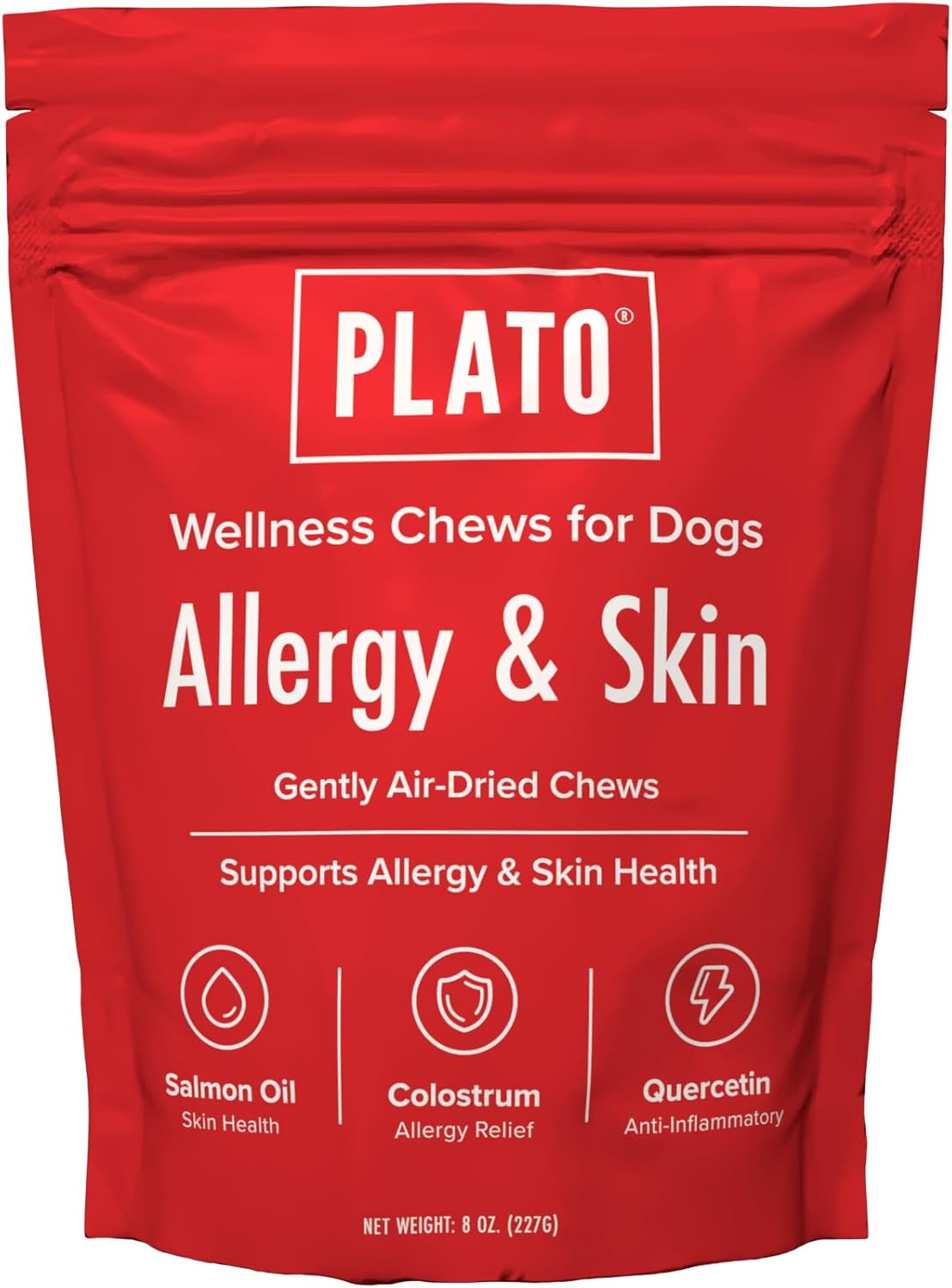 PLATO Pet Treats Air-Dried Wellness Chews for Dogs – Functional Dog Chews – Supports Skin Health & Allergy Relief – Salmon Oil, Colostrum & Quercetin Recipe 16oz