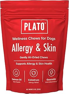 PLATO Pet Treats Air-Dried Wellness Chews for Dogs – Functional Dog Chews – Supports Skin Health & Allergy Relief – Salmon Oil, Colostrum & Quercetin Recipe 8oz