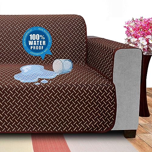 Image of DREAM KING 3 Layers 300 GSM Waterproof Reversible Sofa Cover 4 Seater with Pockets | Dust Protective Soft Fabric Sofa Seat Cover Coffee & Beige