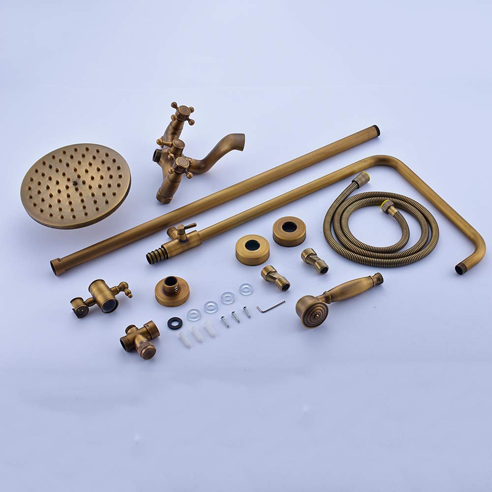 Clete ry Spa Experience - Juego de grifo de ducha de bronce antiguo de 8 pulgadas - Sistema de ducha de baño montado en la pared con cabezal de ducha de lluvia, ducha de mano y grifo de baño