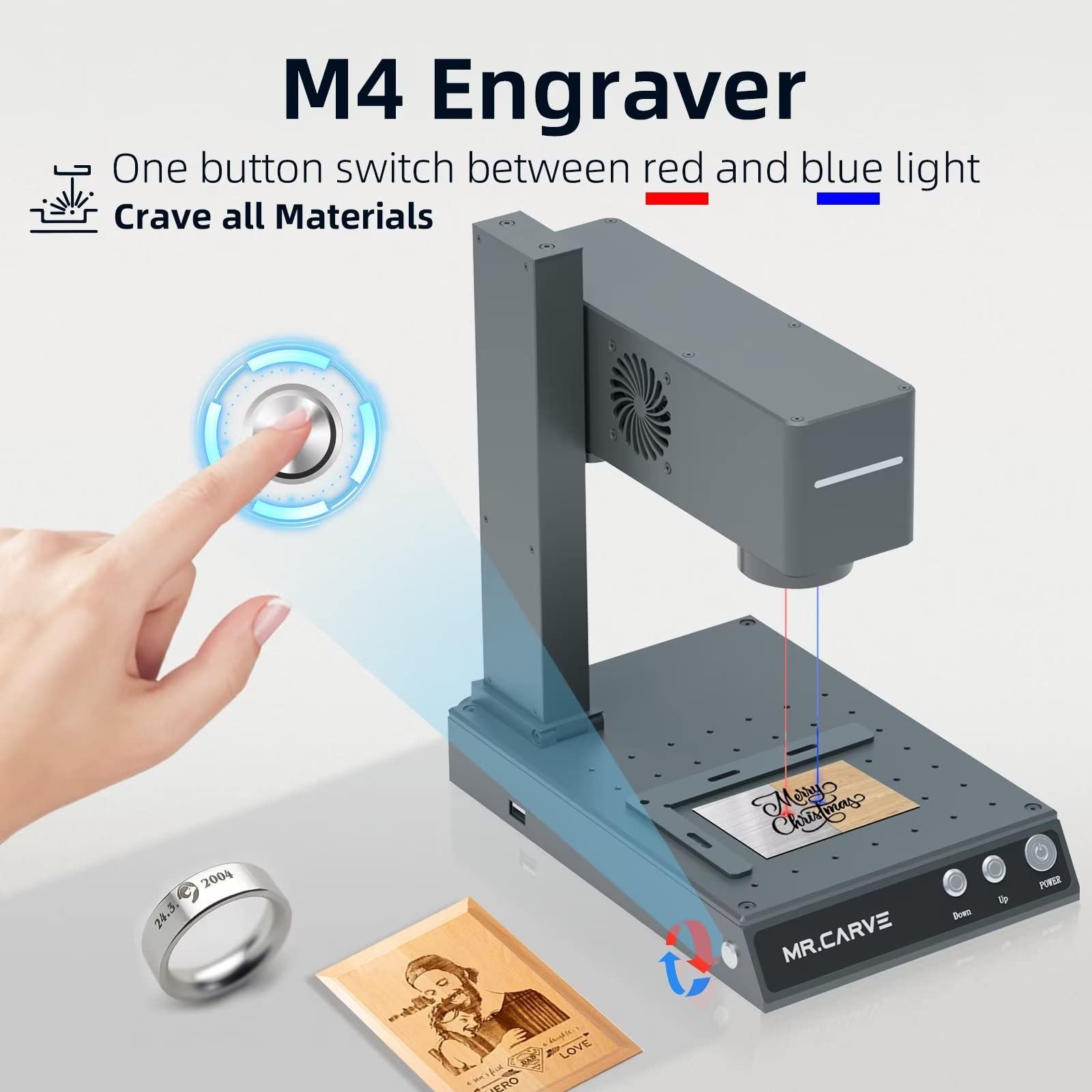 M4 PRO Grabador Láser Dual, 1064nm+455nm 2 en 1 Máquina de Grabado Láser Portátil con Gafas Protectoras para Todos los Metales, Joyas, Plásticos, Etiqueta de Perro DIY