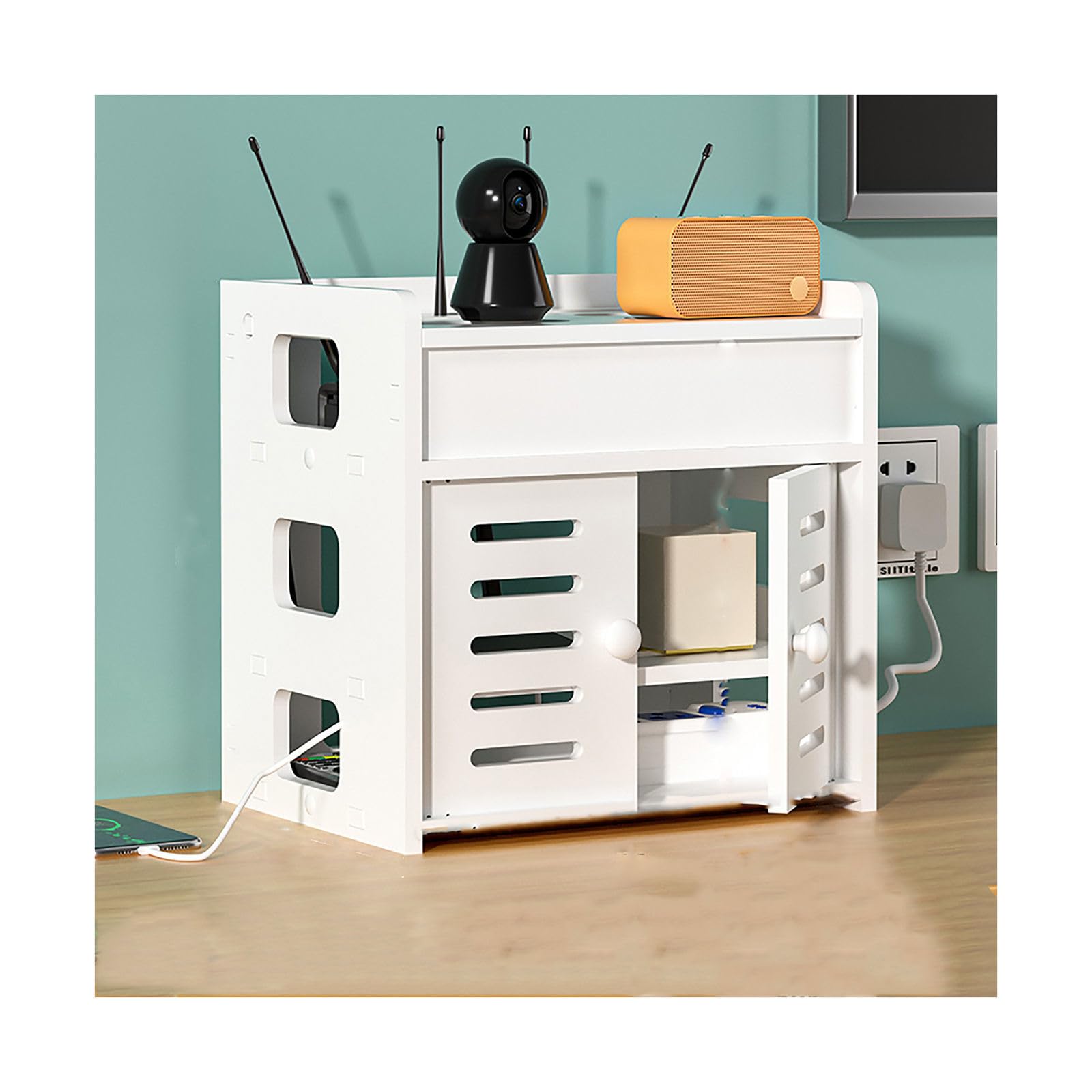 Caja de almacenamiento para enrutador WiFi, estante de madera de 2 capas con puerta de armario, regleta decorativa y caja oculta de gestión de cables para organización de escritorio