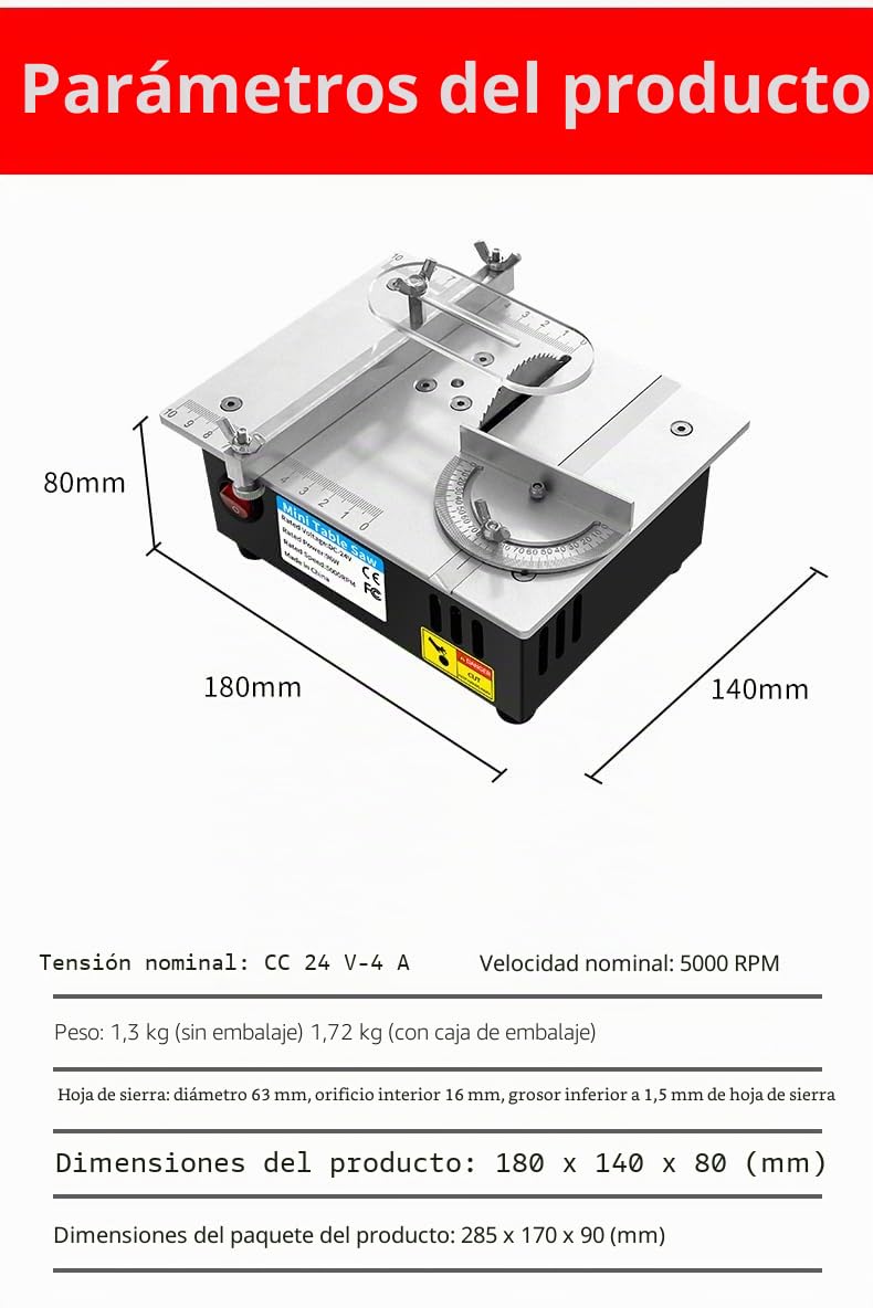 Sierra de mesa 96 W, mini sierra circular sobre mesa 5000 rpm/min ángulo ajustable profundidad de corte 15 mm, 7 velocidades ajustables, 1 cuchilla, hoja de corte multimaterial corte madera metal