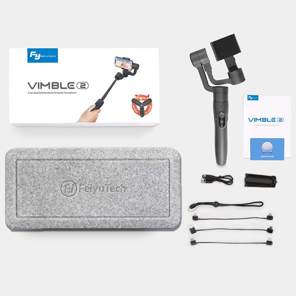 Feiyu Vimble 2 package contents including gimbal, tripod, cables, and strap.